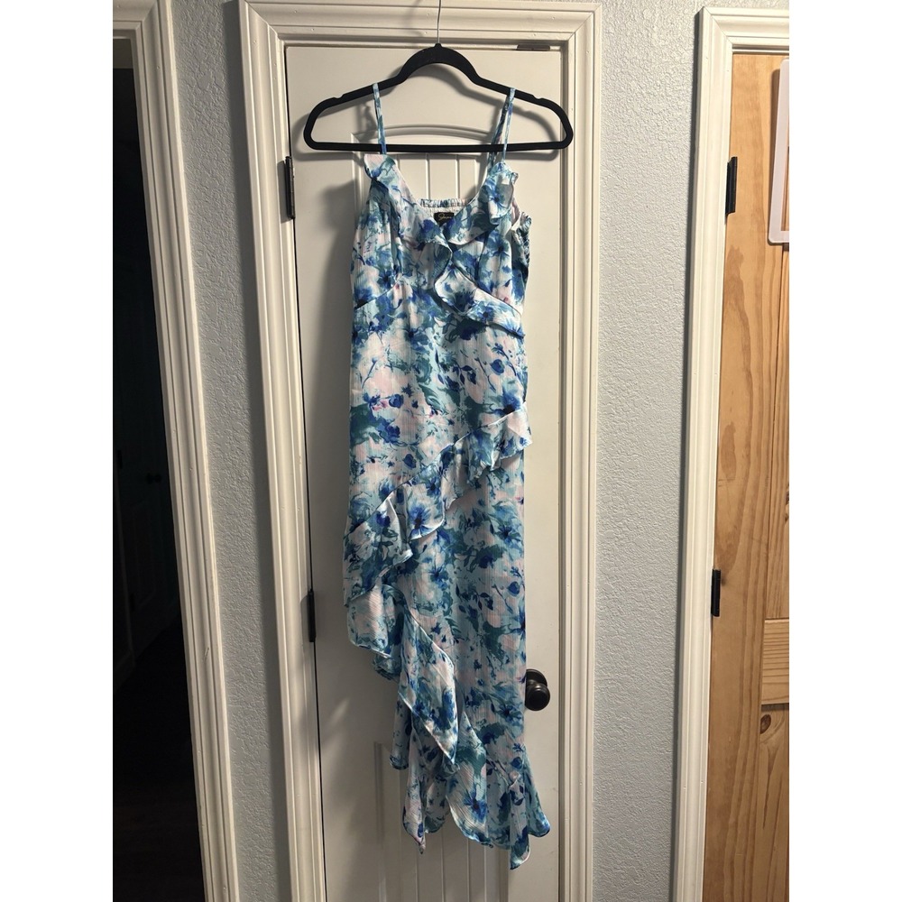 Japna High-Low Maxi Dress Womens Medium Blue Floral Ruffle Smocked Watercolor